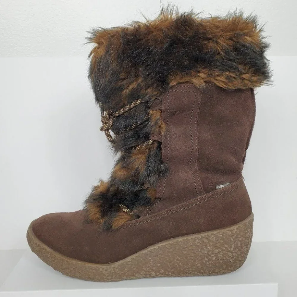 Brilliant Brown Leather Wedge Waterproof Boots Size 8M